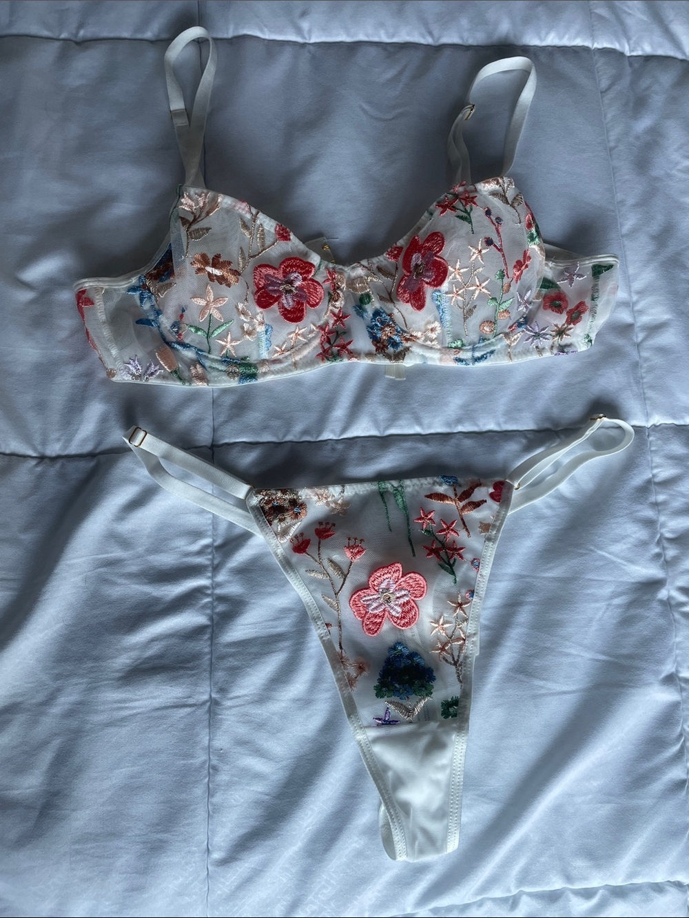 Anthropologie White Sheer Embroidered Floral Bra & Thong Set